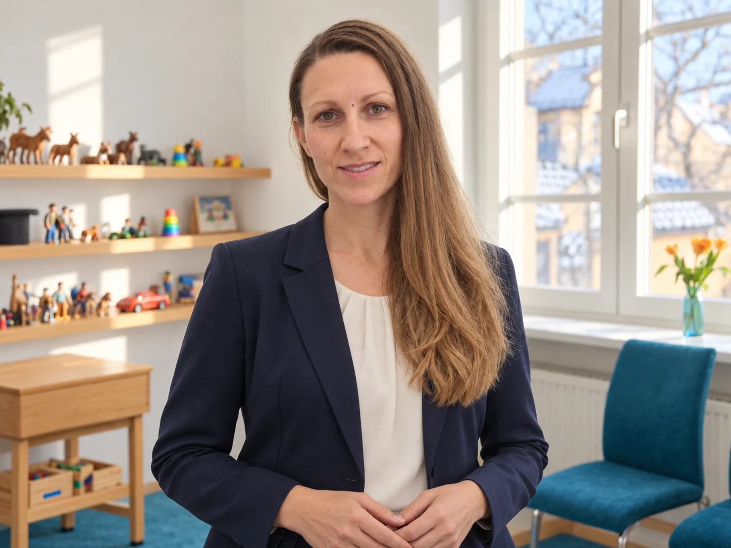 Annika Gubisch im dunkelblauen Blazer in einem praxisähnlichen Raum