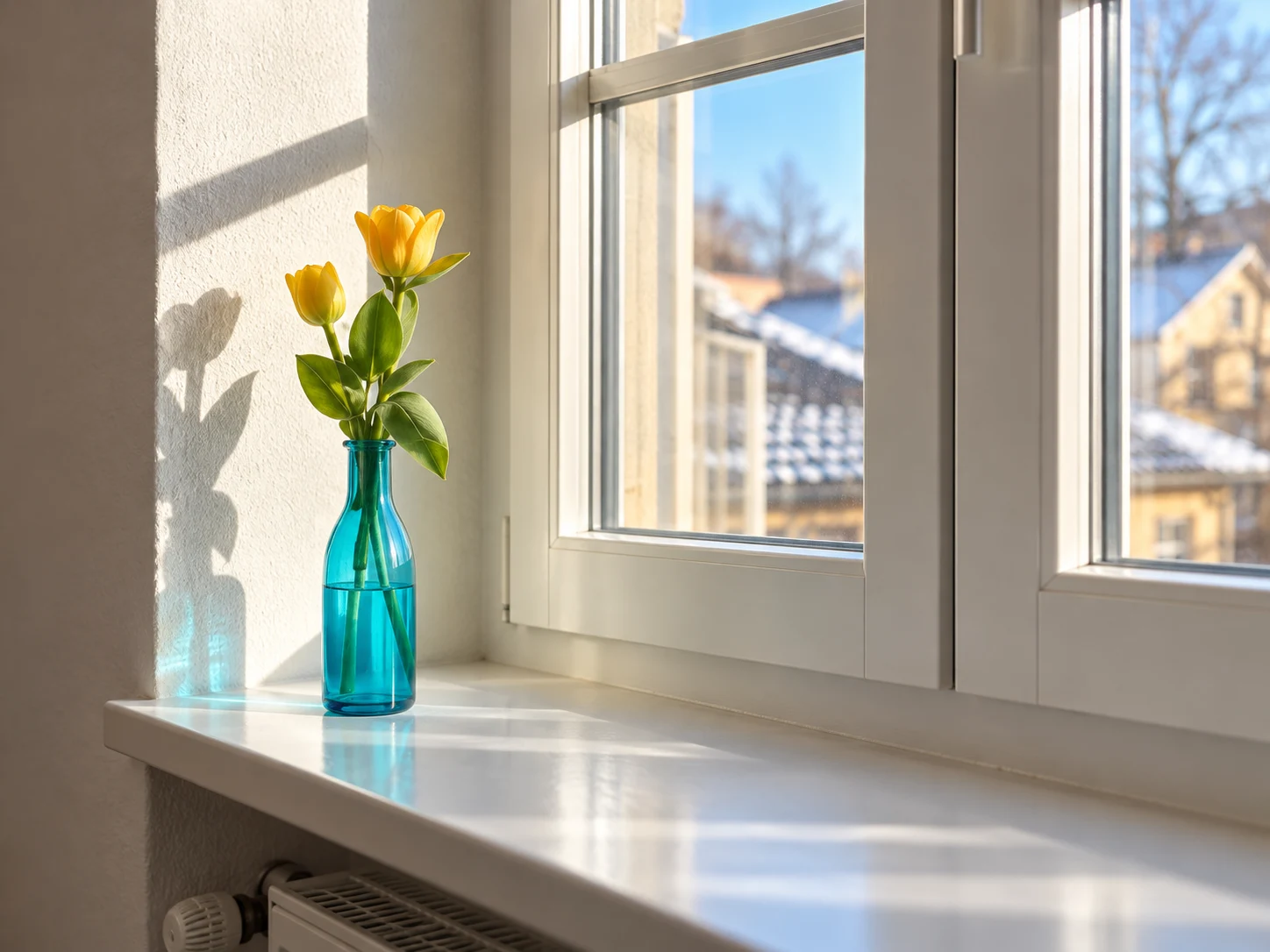 Gelbe Tulpen in einer türkisfarbenen Vase am Praxisfenster