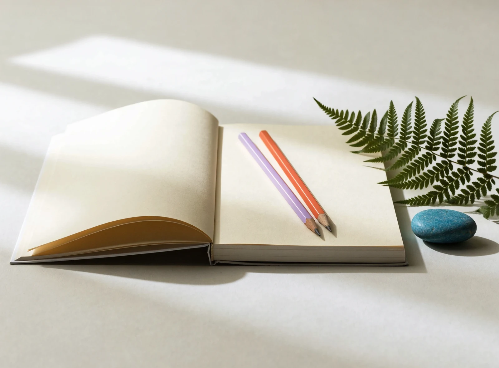 Illustrative open notebook with violet and coral pencils, a turquoise stone and a fern