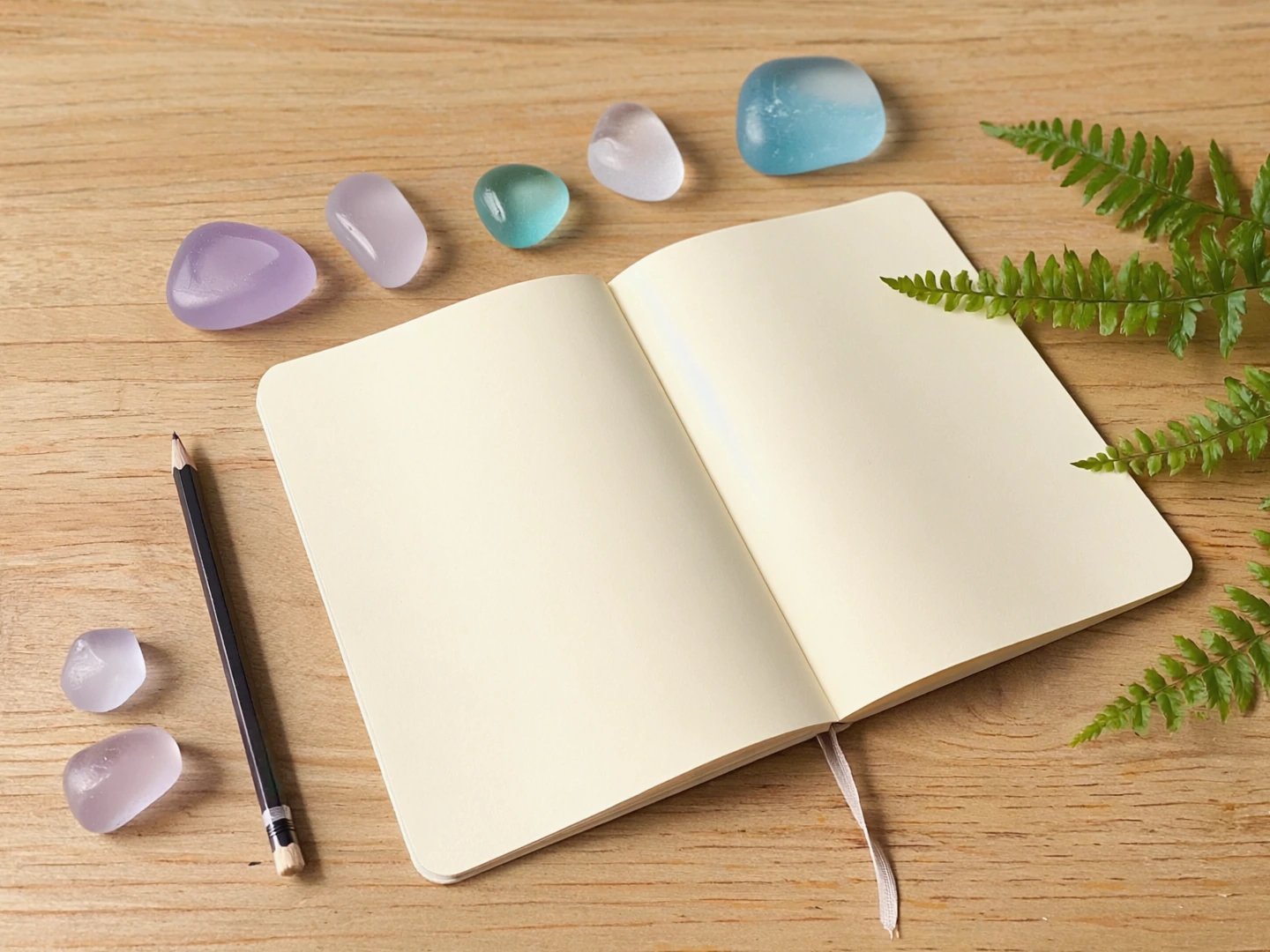 AI illustration of an open notebook with blank pages, a pencil, violet and turquoise glass stones and a fern