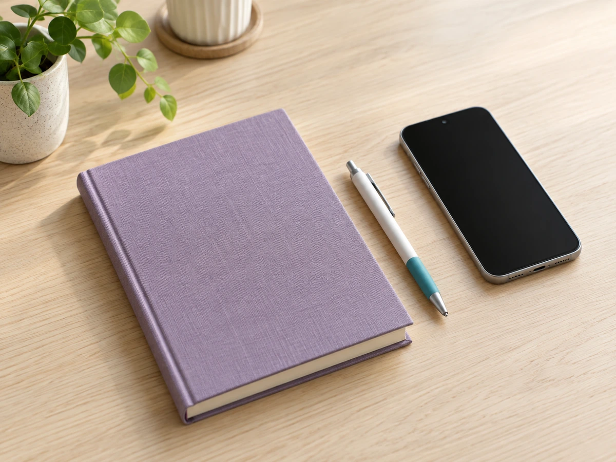 AI illustration: a closed violet notebook, pen and smartphone with its screen off on a light wooden desk.