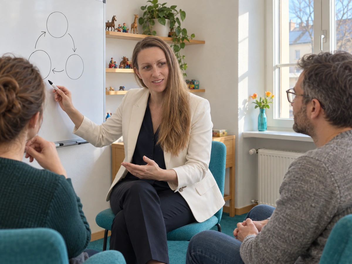 Illustration d’IA : Annika Gubisch explique un schéma au tableau blanc à deux adultes fictifs.