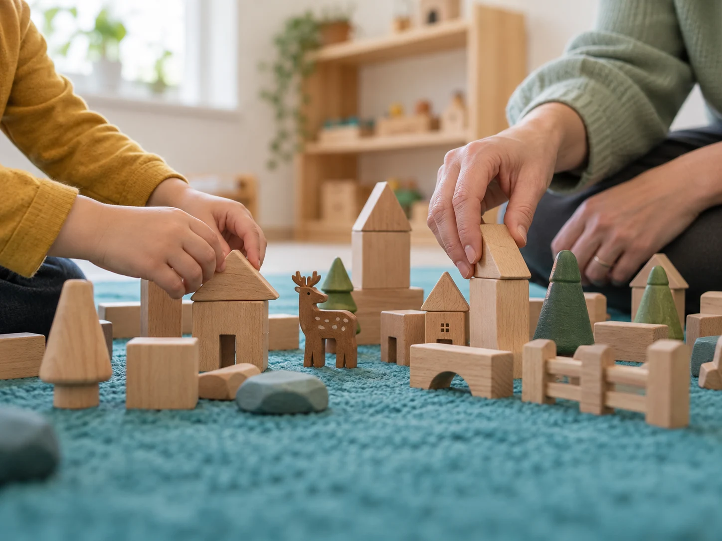 Construire ensemble avec des blocs en bois sur un tapis turquoise