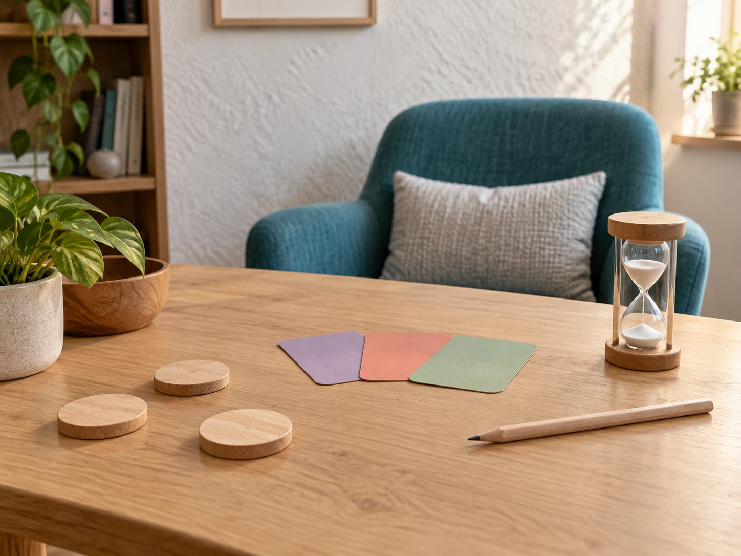 Matériel en bois, cartes colorées et sablier sur une table claire